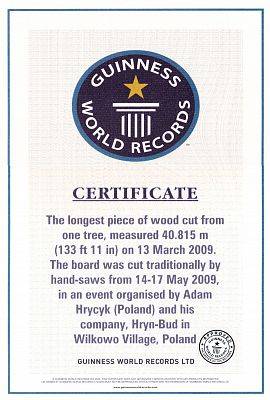 Nagroda Guinness World Record za najdłuższy kawałek drewna wycięty z jednego drzewa