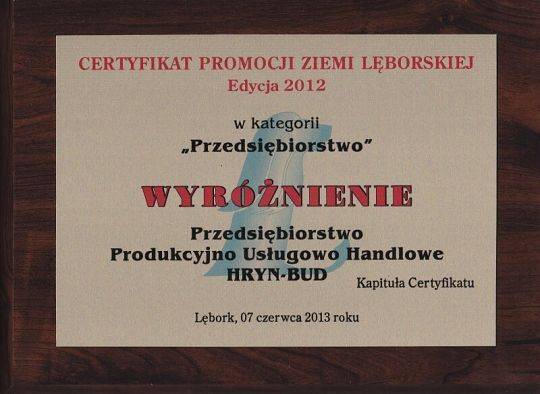 Certyfikat promocji Ziemi Lęborskiej