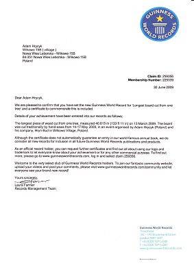 Certyfikat potwierdzający otrzymanie nagrody Guiness World Record